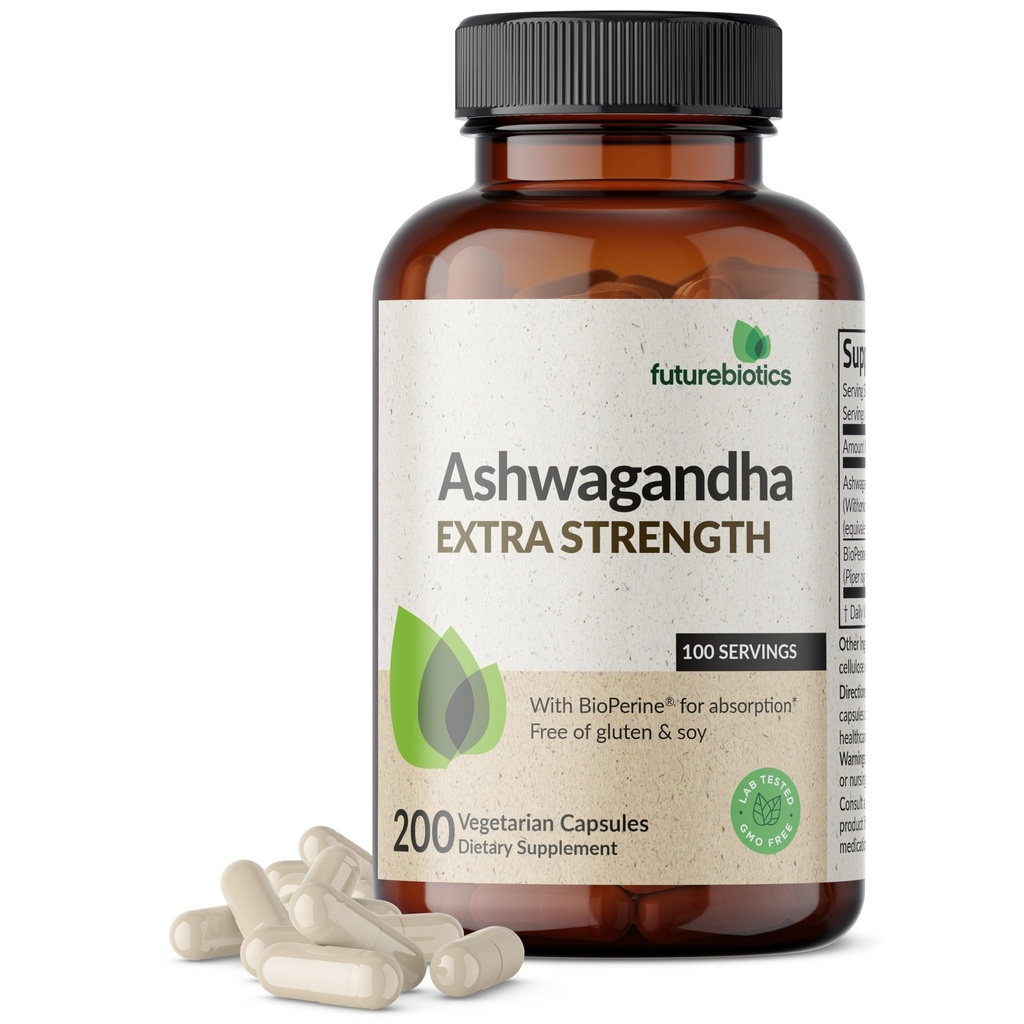 Futurebiyotiks Ashwagandha Ekstra Kuvvet Stres & Mood Support with BioPerine - Non GMO Formula, 200 Vegetarian Capsules
