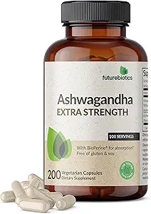 Futurebiotics Ashwagandha Extra Strength Stress & Mood Support with BioPerine - Non GMO Formula, 200 Vegetarian Capsules
