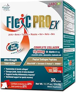 LABO Nutrition FlexC PRO EX, Full Spectrum Collagen, Type I, III, V & X, Peptan Collagen, Eggshell Membrane, Water Soluble Silica & Curcumin C3 Reduct, for Hair, Skin, Nails, Joint, Bones, Muscles