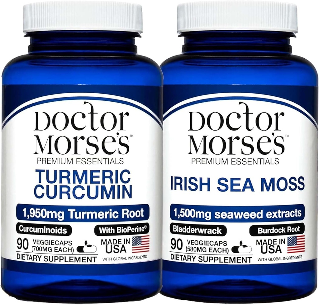 Turmeric Curcumin του Doctor Morse 1950mg & Irish Sea Moss 1500mg Bundle - Κοινή υποστήριξη, ανοσοενίσχυση, και συνολική υγεία με BioPerine και Bladderwrack FDA-Εγγραφεί, NSF-Certified 90 κάψουλες