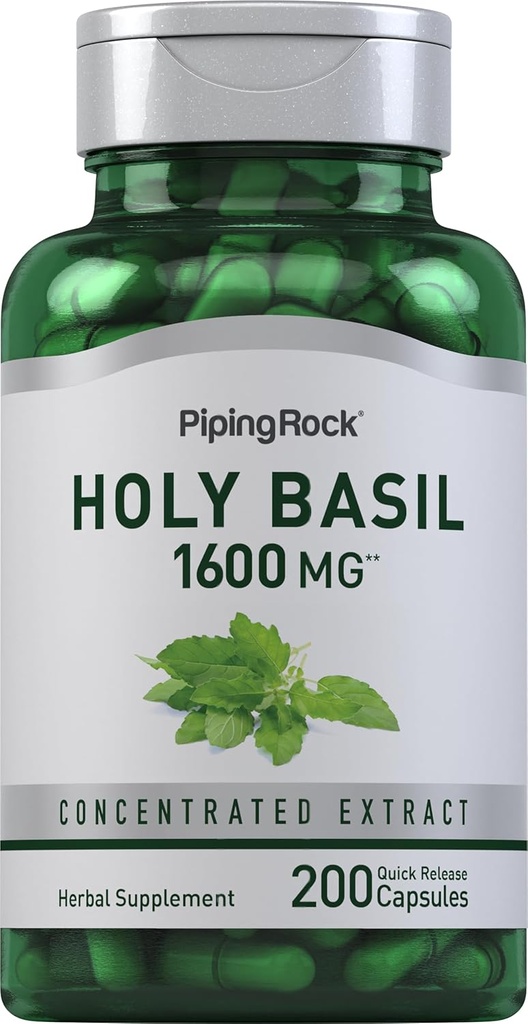 Piping Rock Holy Basil Capsules | 1600 mg | 200 Pills | Herb Leaf Extract | Women and Men | Ocimum Tenuiflorum | Non-GMO, Gluten Free
