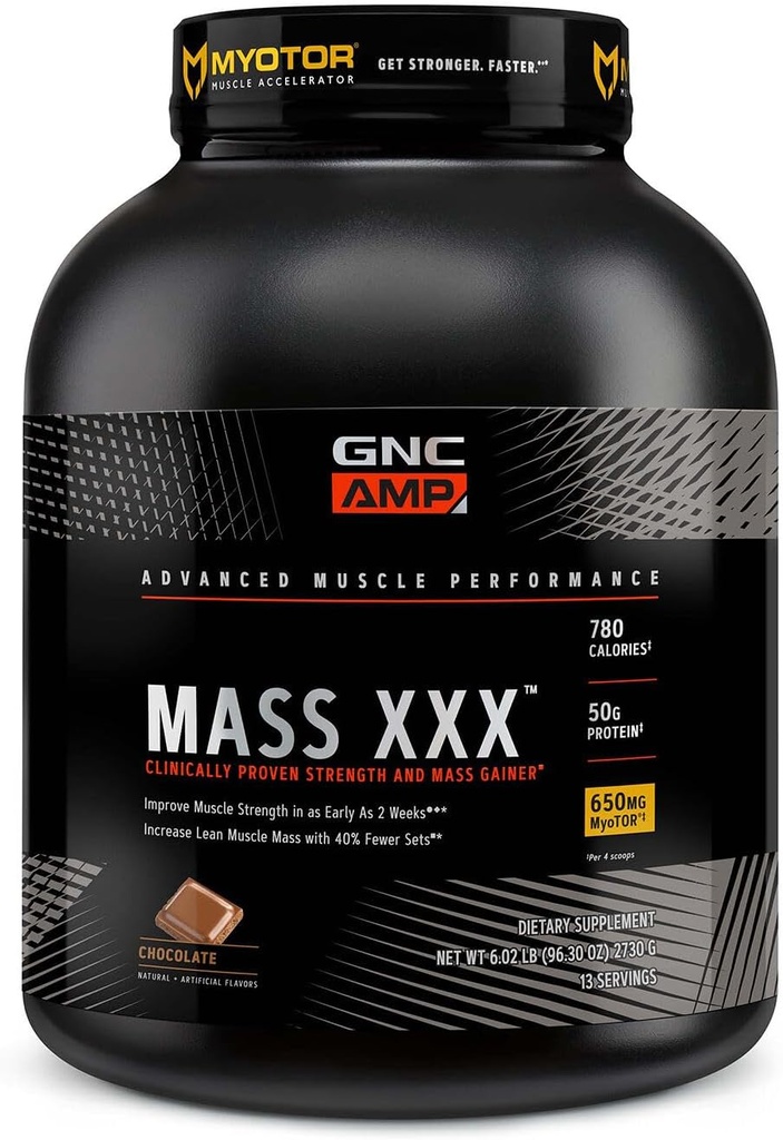 GNC AMP Mass XXX, Klinik olarak Proven Kilo Kazanıcı Protein Tozu, Güçlü ve Boyut Geliştirir, 780 Calories, 50g Protein, Mikronized Amino Asits, Kretin, Betaine, Chocolate, 13 Hizmet, 6 Pounds