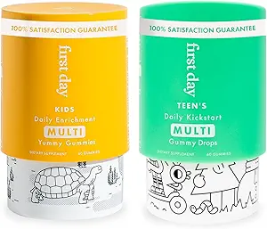 ΠΡΩΤΗ ΗΜΕΡΑ Πολυβιταμίνη Gummies Bundle for Kids & Teens – Βιταμίνες A, B, C, D & K + Folate, Μαγνήσιο, & Ψευδάργυρος – Κατασκευασμένο w/organic Φρούτα & Veggies, Μόνο 2g Ζάχαρη – 2-Pk, 30 Day Supply Κάθε μία