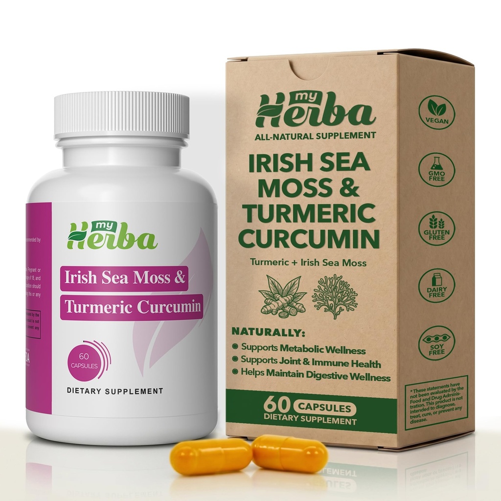Deniz Moss & Turmeric Curcumin Supplement - Organik İrlandalı Deniz Moss & Standardized Turmeric Extract (95 Curcuminoids), Ortak Destek ve Yetişkinlik, 60 Capsules