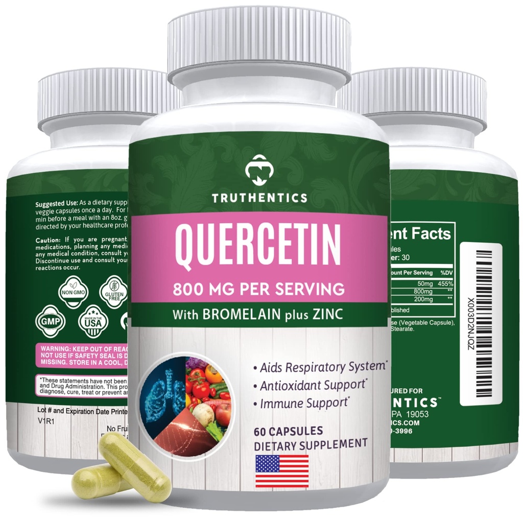 TRUTHENTICS Quercetin with Bromelain and Çinko 1050mg - Immune, Respiratory & Mevsimlik Destek - Non-GMO, Gluten Free - 60 Veggie Capsules