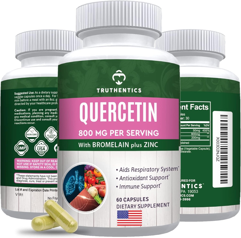 TRUTHENTICS Quercetin with Bromelain and Çinko 1050mg - Immune, Respiratory & Mevsimlik Destek - Non-GMO, Gluten Free - 60 Veggie Capsules