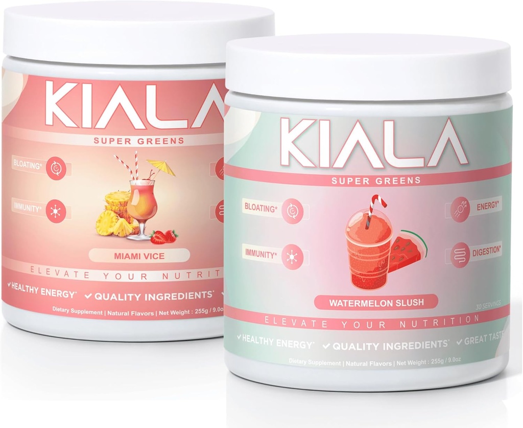 Kiala Nutrition Super Greens, Organic Greens Powder, Spirulina & Chlorella Superfood Powder, Sugar & Gluten Free Vegan, Spectra Blend, Miami Vice, Watermelon Slush 2 Pack