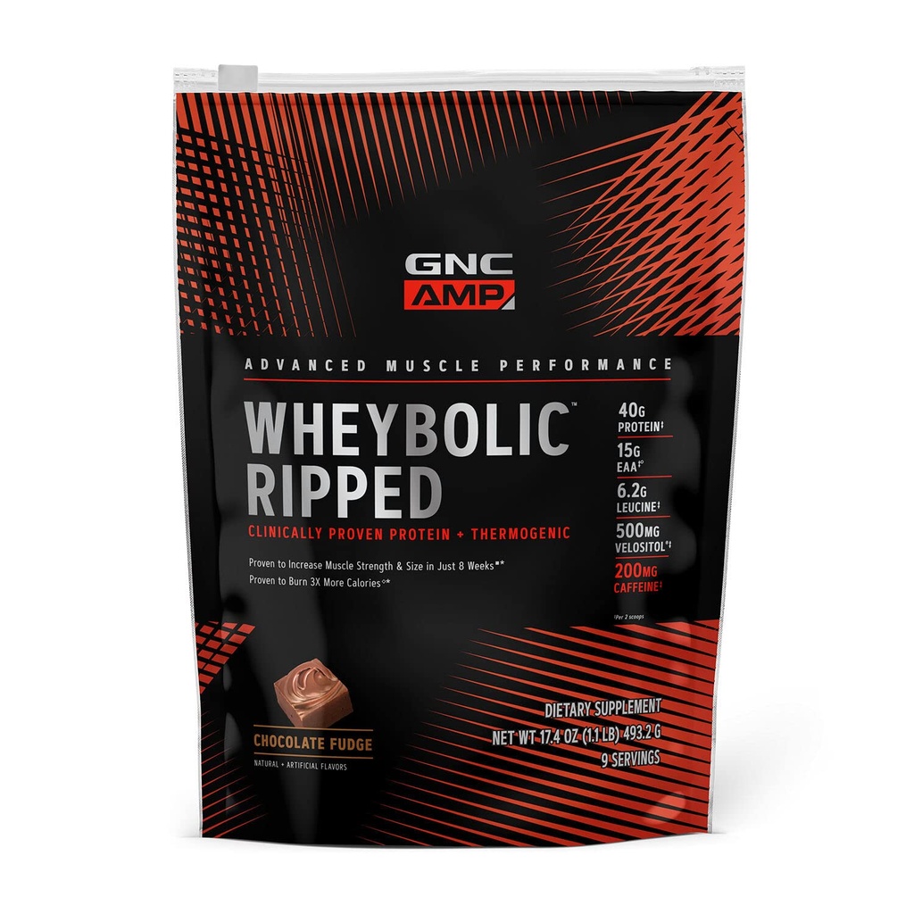 GNC AMP Wheyrel Ripped Protein Toz & Termogenic Supplement, Art & Endurance, 40g protein, 6.2g Leucine, 15g EAA, Caffeine, Chocolate Fudge, 9 Servis