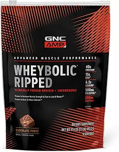 GNC AMP Wheyrel Ripped Protein Toz & Termogenic Supplement, Art & Endurance, 40g protein, 6.2g Leucine, 15g EAA, Caffeine, Chocolate Fudge, 9 Servis