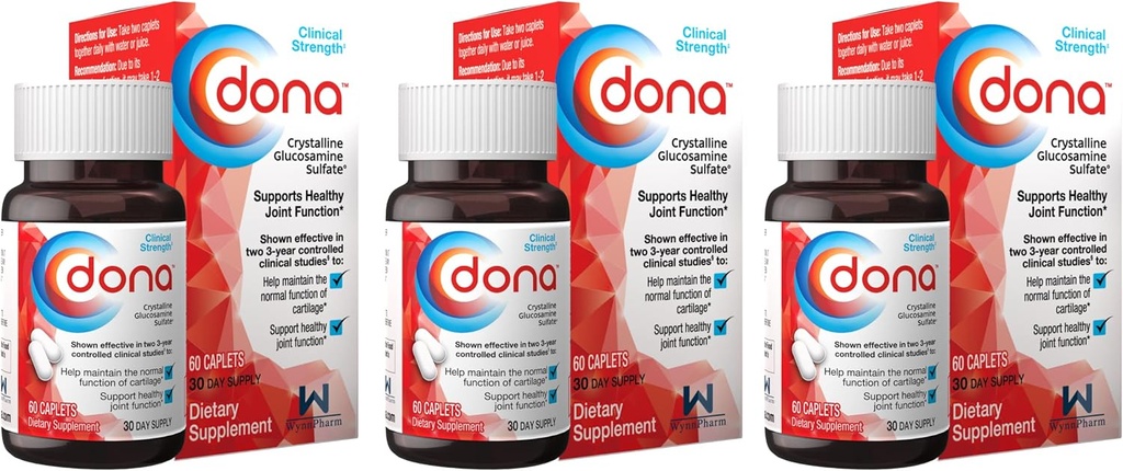 Dona Crystalline Glucosamine Sulfate, 750 Mg, Diz Comfort & Ortak Sağlık Desteği için Ortak Supplement Pills, 750 Mg, 60 Kont (3 Pack)