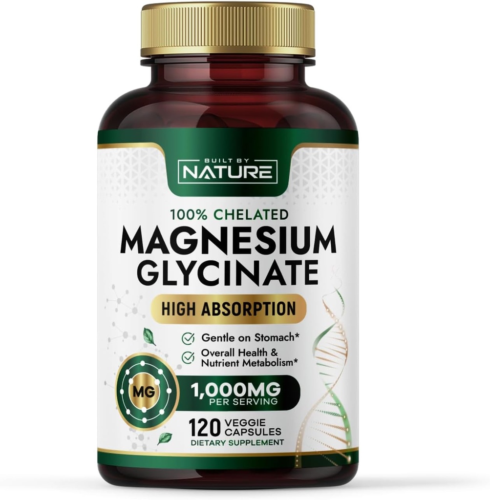 Built By Nature Magnesium Glycinate 1000mg – High Absorption Magnesium Supplement – 100% Chelated, Gentle on Stomach - Muscle, Heart, Bone & Relaxation Support - Non-GMO, Vegan - 120 Capsules