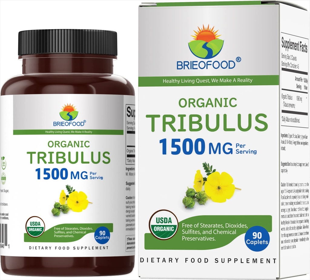 Brieofood Organic Tribulus 1500mg, 45 Servings, Vegetarian, Gluten Free, 90 Vegetarian Tablets