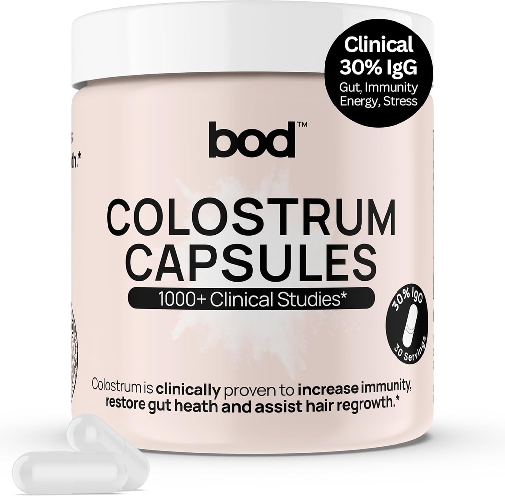 Κάψουλες Bod Colostrum, συμπλήρωμα Colostrum για την υποστήριξη της ανάπτυξης του δέρματος και των μαλλιών, ανοσοποιητική υποστήριξη, υγεία των ούλων, μυών & ευεξίας, IgG 30% Pure Superfood χάπια Bovine Colostrum, Αγεύση, 30 Υπηρεσίες