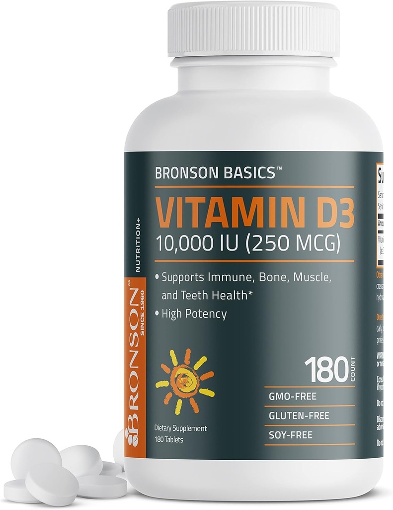 Bronson Βιταμίνη D3 10. 000 IU (250 MCG) για Υγιή Μυϊκή Λειτουργία και Ανοσολογική Υποστήριξη, Μη- ΓΤΟ, 180 δισκία