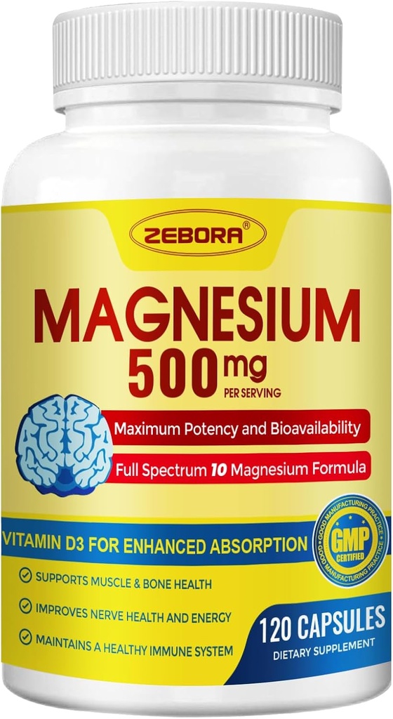 10in-1 Magnezyum Kompleksi Tamam, Magnezyum Glycinate 500 mg with Citrate & Malate, Chelated High Abxia Plus Vitamin D3 & Çinko - Nerve, Kas & Bone Support - 120 Capsules