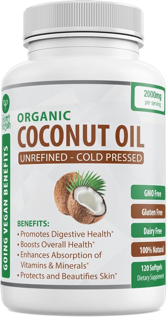 Organik Coconut Oil Capsules 2000 mg - 100% Ekstra Virgin, Cold Pressed for Health Skin, Ekstra Saç Büyümesi, Nail Care, Beyin ATM - 120 Softgels - Unrefined Pure & Non GMO Pills - Rich in MCT