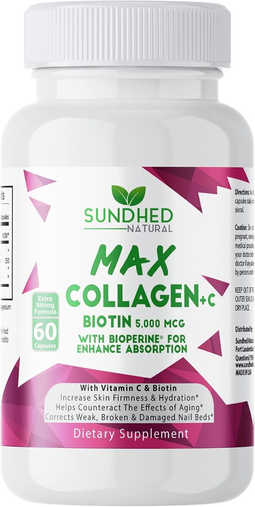Max Collagen Plus C (60 kapak) - Biotin & Bioperine ile tüm Doğal Collagen Capsules Anti Aging Hydration & Skin Companyness - Collagen Pills Kemikleri Güçlendirmek için