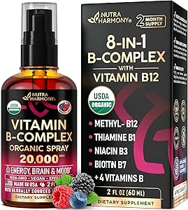 USDA Organic Vitamin B-Complex Liquid Spray 8-in-1 - B5 Pantothenic Acid | B12 Methylcobalamin | B1 Thiamine | B6 Pyridoxine | B7 Biotin | B9 Folic | B3 Niacinamide - Made in USA Supplement, 2fl oz
