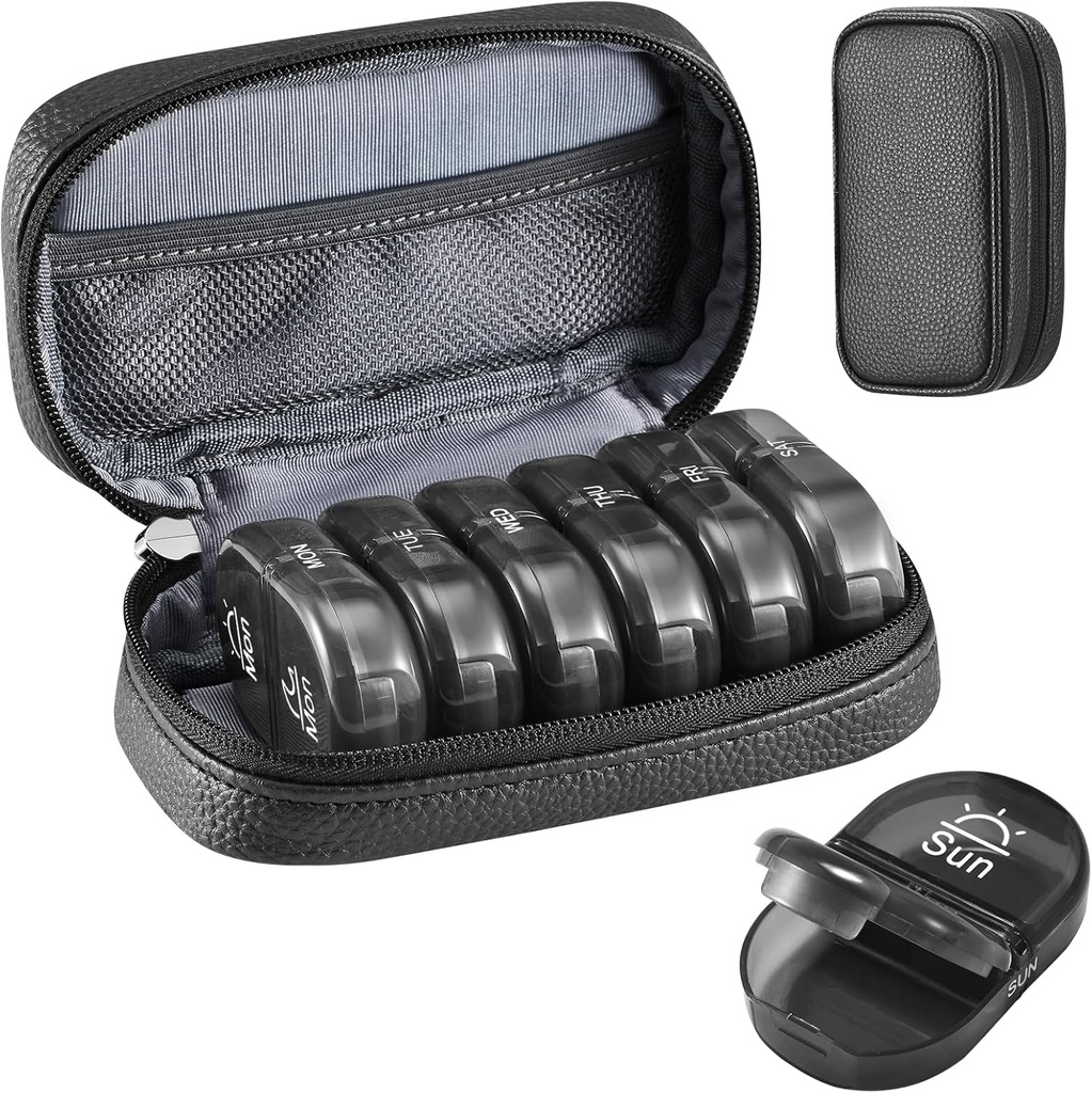 Serfeymi Haftalık Seyahat Pill Organizer 2 Times A Day AM PM Yükseltd Black Pill Box 7 Day with Portatif Ambalaj Deri Pill Case, Medicine Organizer for Pills, Vitamins, Fish Oils - Black 01