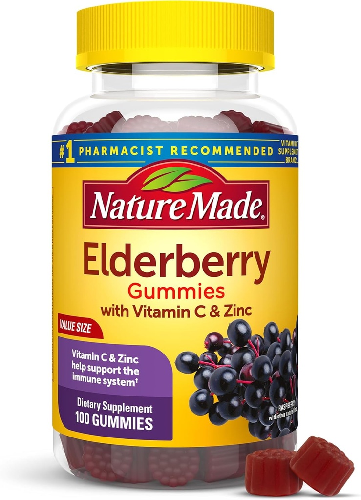 Nature Made Elderberry with Vitamin C and çinko, Diyetary Supplement for Immune Support, 100 Gummies, 50 Day Supply