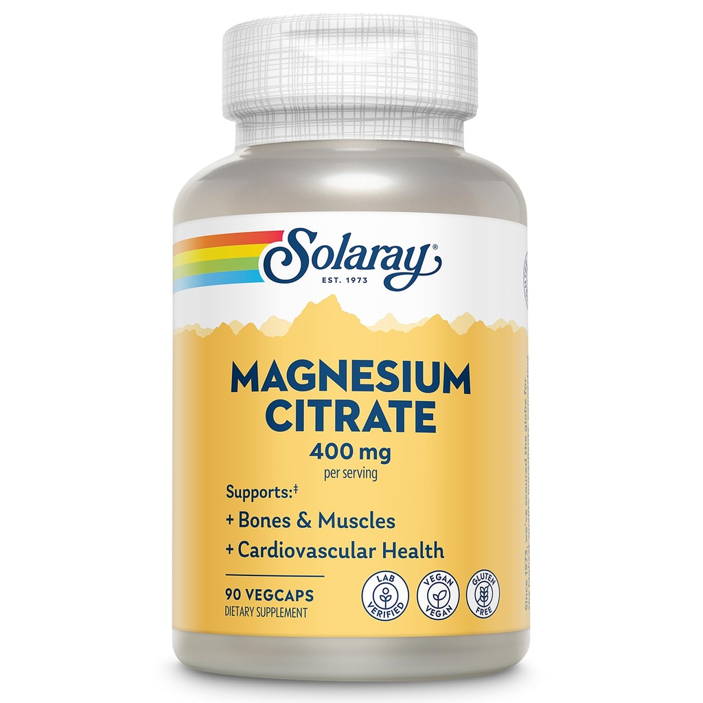 SOLARAY Magnesium Citrate 400mg - Magnesium Supplement - Bone Health, Muscle, Relaxation and Heart Health Support - Vegan, Gluten Free - 30 Servings, 90 VegCaps