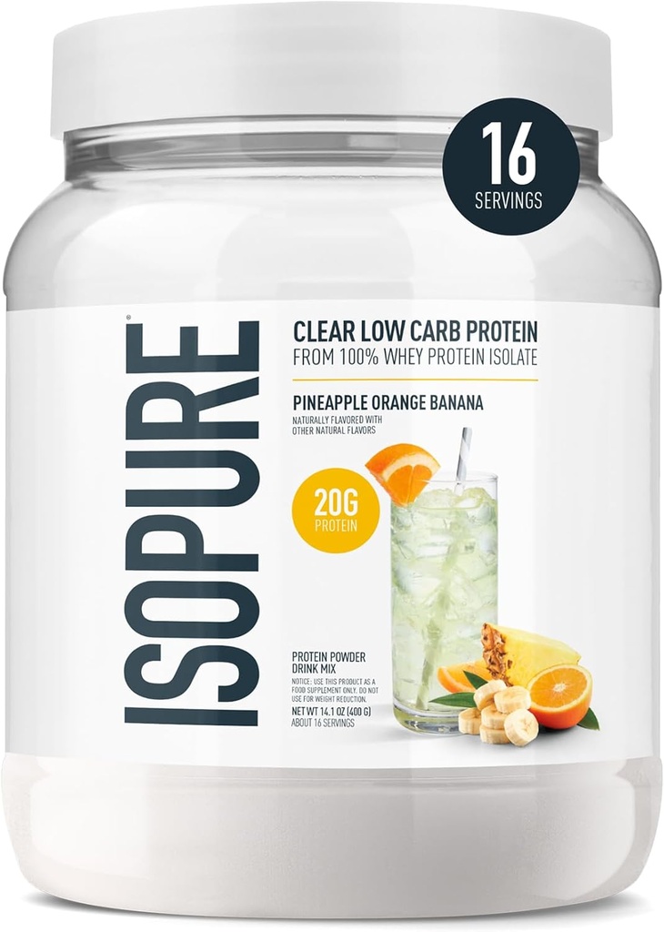 Isopure Clear Whey Isolate Protein Powder, Lactose Free, Gluten Free, Φυσικά Γεύση, Ανανάς Πορτοκαλί Μπανάνα, 20g πρωτεΐνη ανά υπηρεσία, 14,1 Oz, 16 υπηρεσίες (Packaging May Vary)