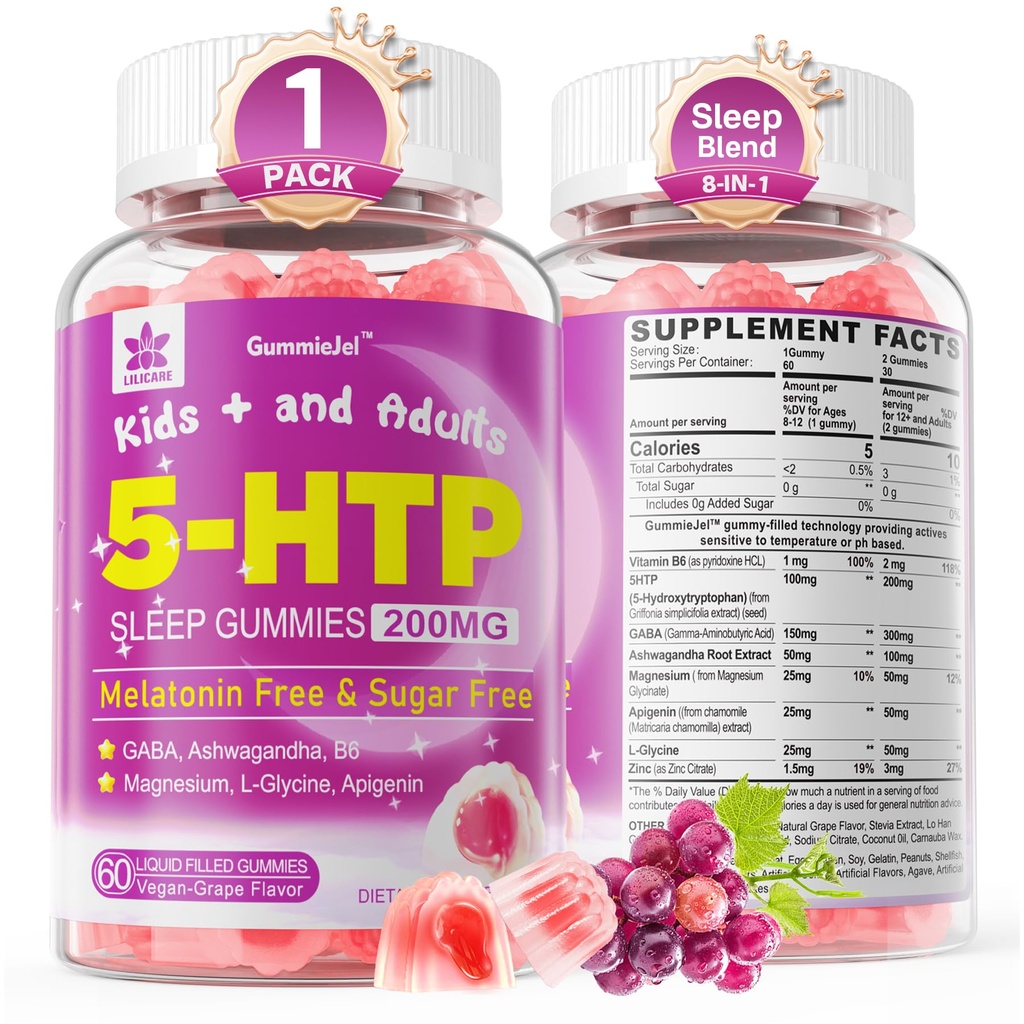 Yetişkinler ve Çocuklar için 5HTP Gummies 8+, Melatonin Free Gummies with Magnezyum Glycinate, GABA, L-Glycine, Ashwagandha, Vitamin B6 for Delicious Zzzs, Brain & Muscle Relaxation, 0 Sugar 60 (Pack of 1)