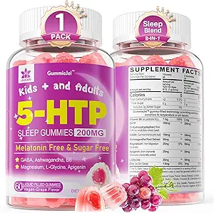 Yetişkinler ve Çocuklar için 5HTP Gummies 8+, Melatonin Free Gummies with Magnezyum Glycinate, GABA, L-Glycine, Ashwagandha, Vitamin B6 for Delicious Zzzs, Brain & Muscle Relaxation, 0 Sugar 60 (Pack of 1)