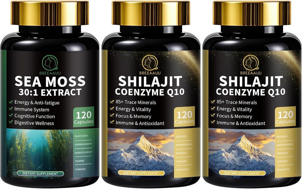 Sea Moss ve Shilajit Capsules for Men & Women, All in 1 Supplements with Shilajit, Sea Moss, Coenzyme Q10, Black Seed, Ashwagandha, Burdock for Energy, Antioxy & Immune Support
