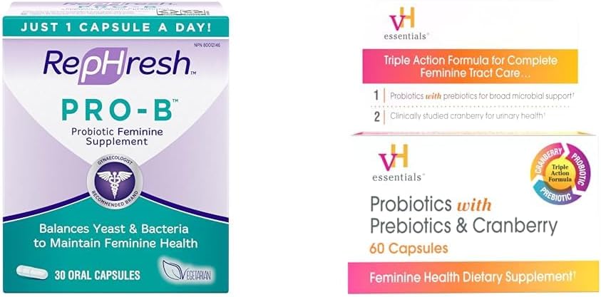 Rephresh Pro-B Προβιοτικό συμπλήρωμα για τις γυναίκες, 30 στοματικές κάψουλες & vH Απαραίτητα προβιοτικά με πρεβιοτικά και Cranberry Feminine συμπλήρωμα υγείας - 60 κάψουλες