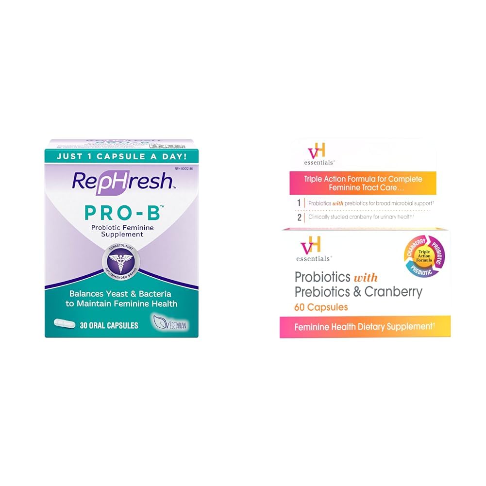 Rephresh Pro-B Probiyotik Supplement for Women, 30 Oral Capsules & vH Essentials Probiyotiks with Prebiyotiks and Cranberry Feminine Health Supplement - 60 Capsules