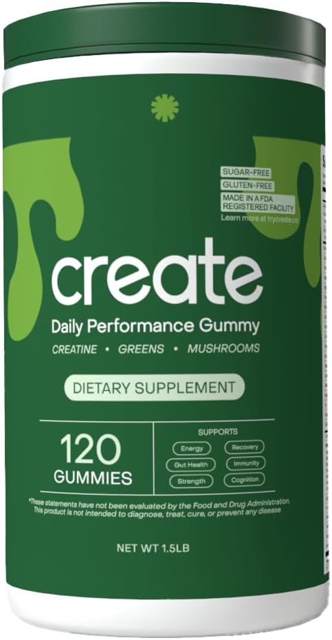 Create Daily Performance Gummy - Creatine Monohydrate Gummies for Men & Women - Ενισχύστε την ενέργεια, την ανοσία και τη δύναμη, Vegan, Gluten-free, 4g Creatine+5g Fiber per Serving (120 ct Gummies, 30 Servings)