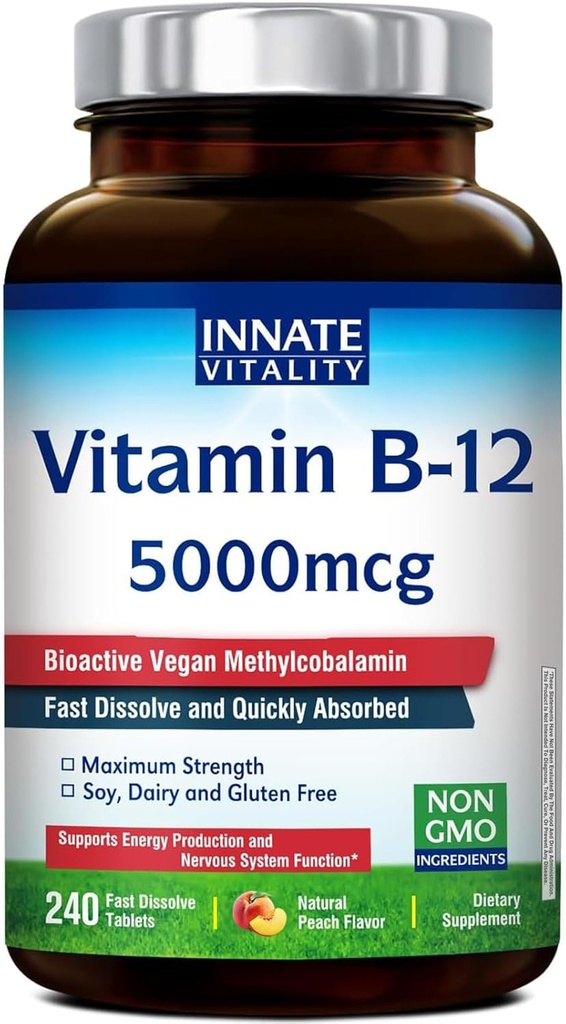 Innate Vitality Vitamin B12 5000mcg, Sublingual, Vegan Mecobalamin, Hızlı Dissolve Tabletler, Doğal Peach Flavor, Supports Energy Production & Health Nervous System, 240 Tabletler