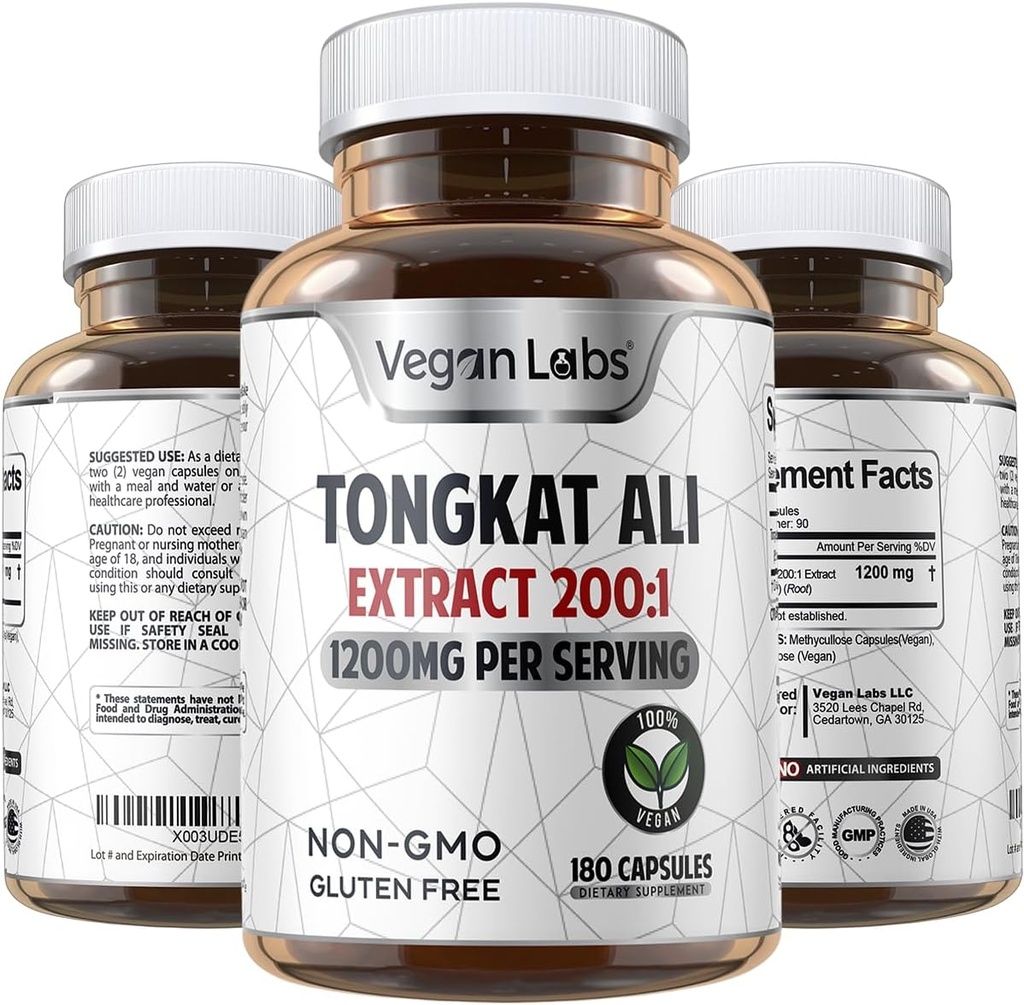Vegan Labs Tongkat Ali 200:1 Ekstraksiyon, 1200MG Odaları - 180 Vegan Capsules- Supports Energy and Stamina- Gluten Free, Non-GMO Premium Quality Supplement