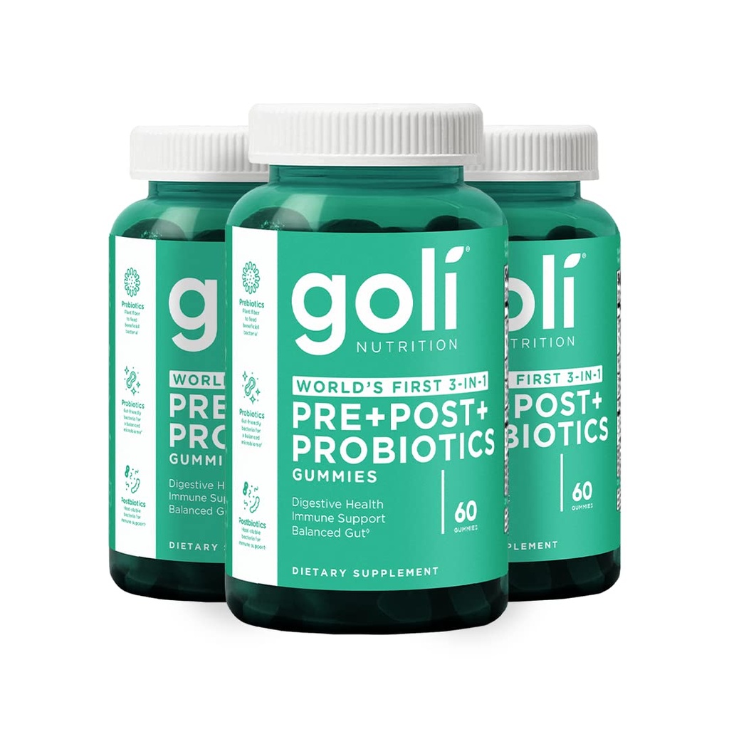 Goli Συμπλήρωμα διατροφής, Pre+Post+Probiotics Gummy - 180 Count - World's First 3-in-1 Gluten-Free, Vegan, Non-GMO, and Gelatin-Free.