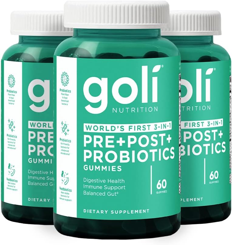 Goli Beslenme Supplement, Pre+Post+Probiyotiks Gummy - 180 Count - World's First 3-in-1 Gluten-Free, Vegan, Non-GMO ve Gelatin-Free.