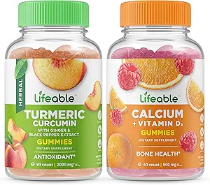 Ζωηρή κουρκουμίνη + Ασβέστιο με βιταμίνη D, Gummies Bundle - Μεγάλη γεύση, συμπλήρωμα βιταμίνης, χωρίς γλουτένη, GMO δωρεάν, Μασώμενη Gummy