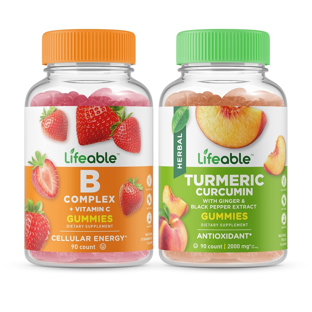 Βιώσιμη B Complex + Turmeric Curcumin, Gummies Bundle - Μεγάλη γεύση, συμπλήρωμα βιταμίνης, χωρίς γλουτένη, GMO δωρεάν, Μασώμενα