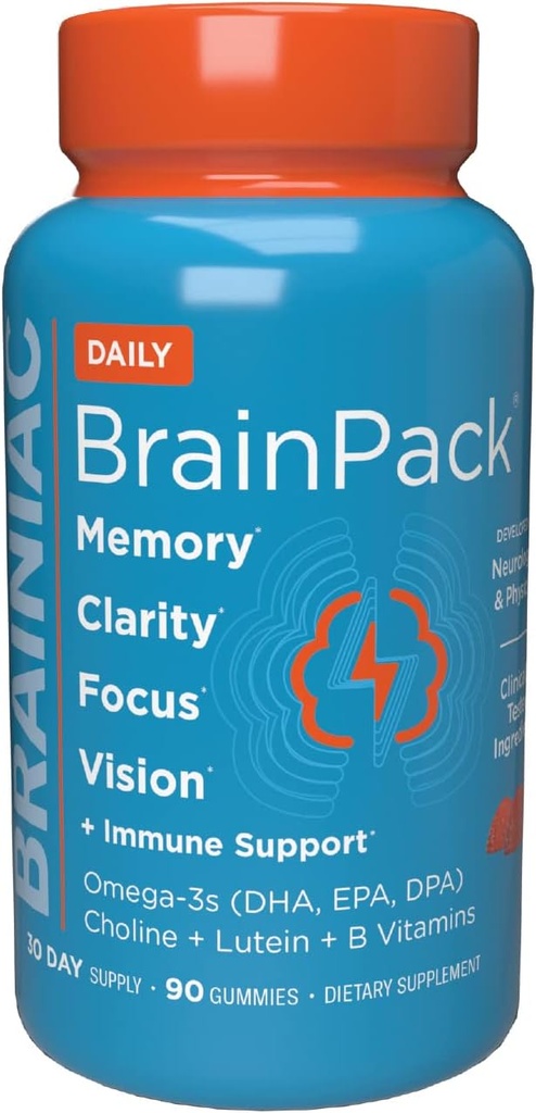 Brainiac Daily BrainPack Gummies, Beyin Sağlığını Omega 3 DHA EPA DPA, Choline, B6 & B12 ve Lutein for Eye Health with Immune Support, Citrus Berry Flavor, 90 ct
