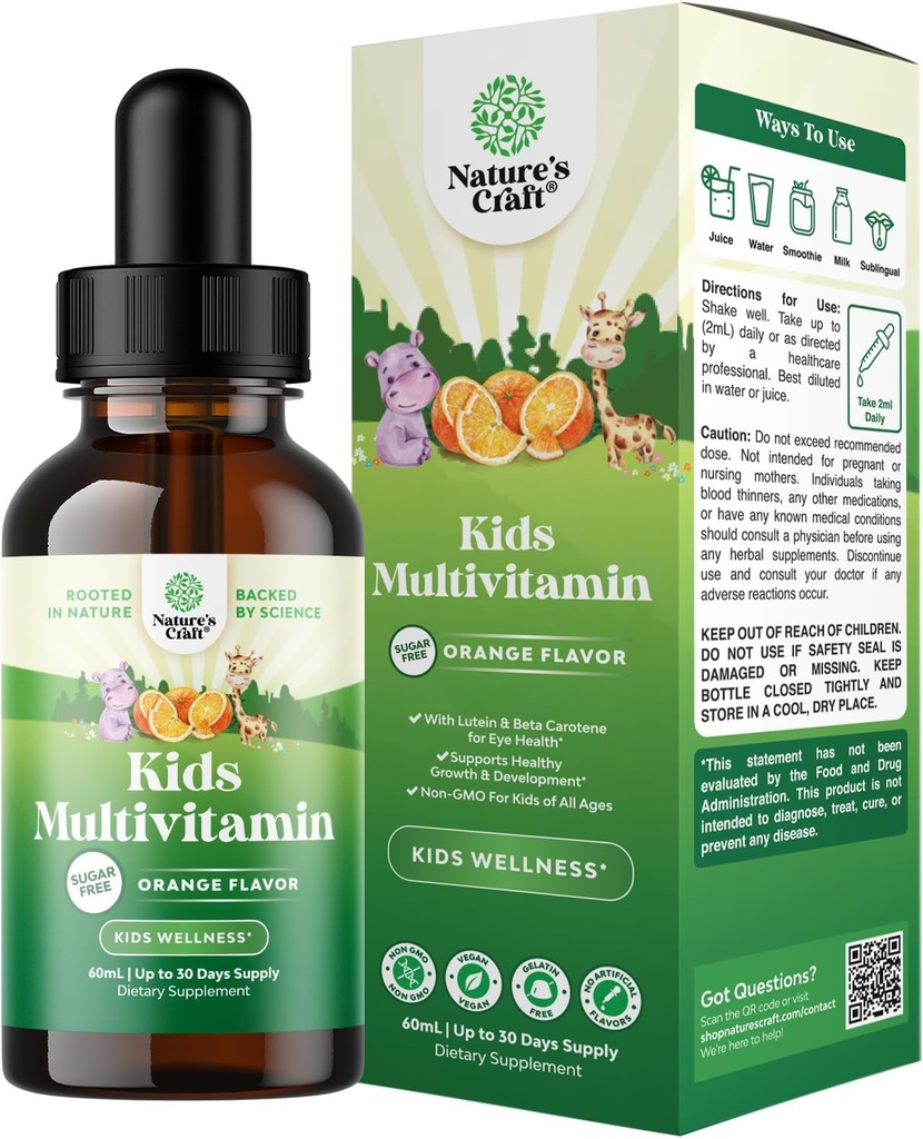 Natures Craft Liquid Multivitamin for Kids Immunity Support - Yummy Toddler Supplement with a C D3 E B6 and Vitamins of All Ages High Abors