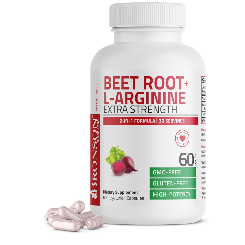 Bronson Beet Root + L-αργινίνη Παραγωγή οξειδίου του αζώτου - Μη ΓΤΟ, 60 κάψουλες χορτοφάγων