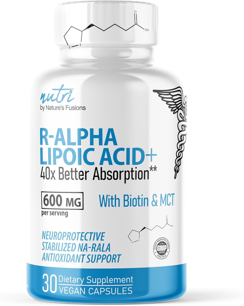 Nutri R Alpha Lipoic Acid 600 mg Capsules - R Lipoic Acid Biotin ile Stabilized - Active Form of R-ALA - 600 mg Klinik Dosage - Güçlü Hücreler Enerji Desteği - 30 Vegan Capsules - RALA