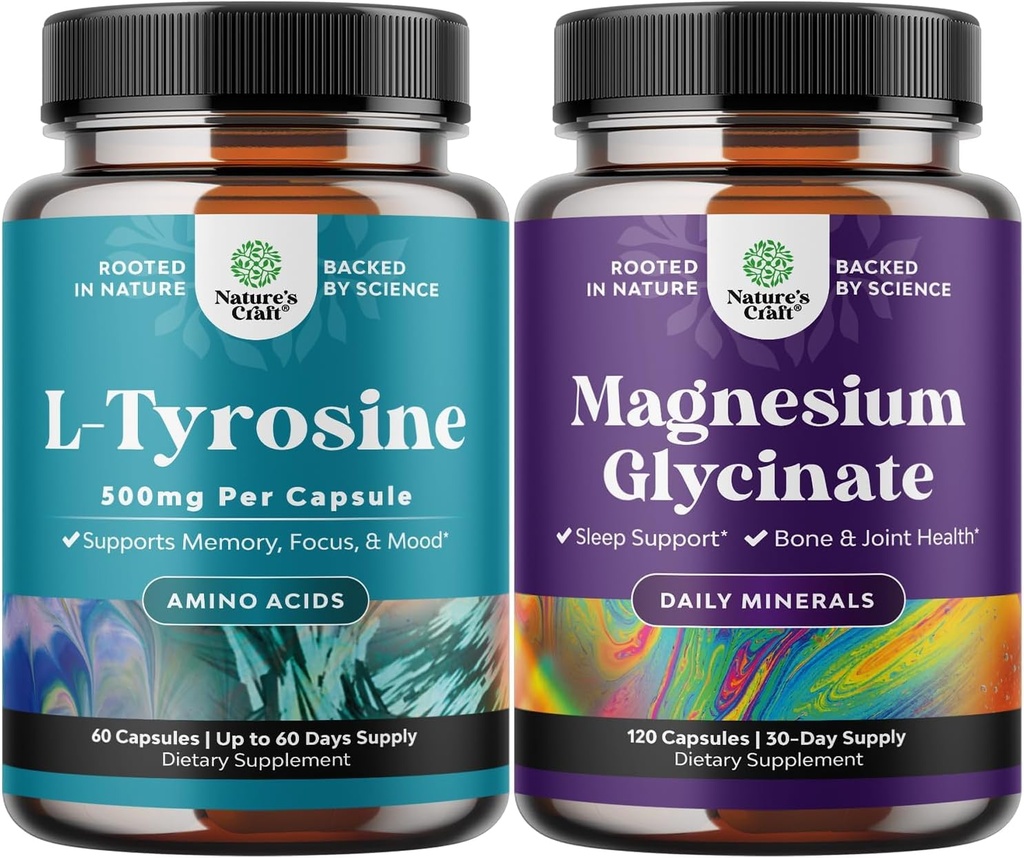 Tyrosine 500mg Κάψουλες - Συμπλήρωμα L-Tyrosine υψηλής αντοχής για ψυχική ενέργεια και υποστήριξη εστίασης και γλυκινικό μαγνήσιο 400mg ανά υπηρεσία για ύπνο και χαλάρωση