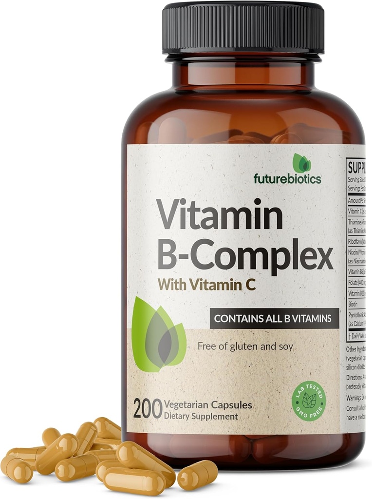 Futurebiotics Vitamin B Complex with Vitamin C Supports Ενεργειακή Παραγωγή, Νευρικό Σύστημα & Ανοσοποιητική Υποστήριξη - Μη ΓΤΟ, 200 Κτηνοτροφικές Κάψουλες