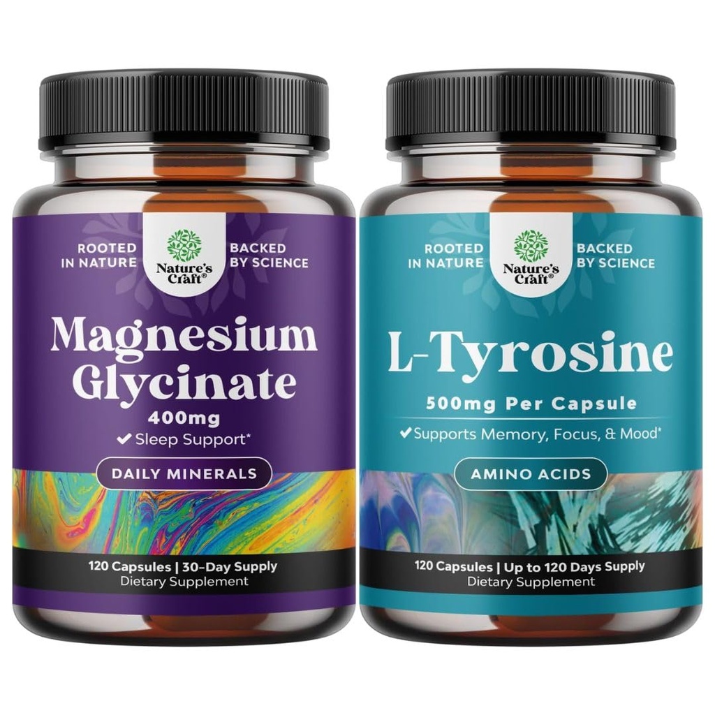 Glycinate 400 mg Capsules ve Potent L Tyrosine 500 mg Capsules - Uyku Destek Kemik Sağlığı Kas Kurtarması - Tiroid Desteği için Asit Beslenme Supplement