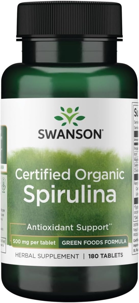 Swanson Certified Organic Spirulina 500 Milligrams 180 Tabs