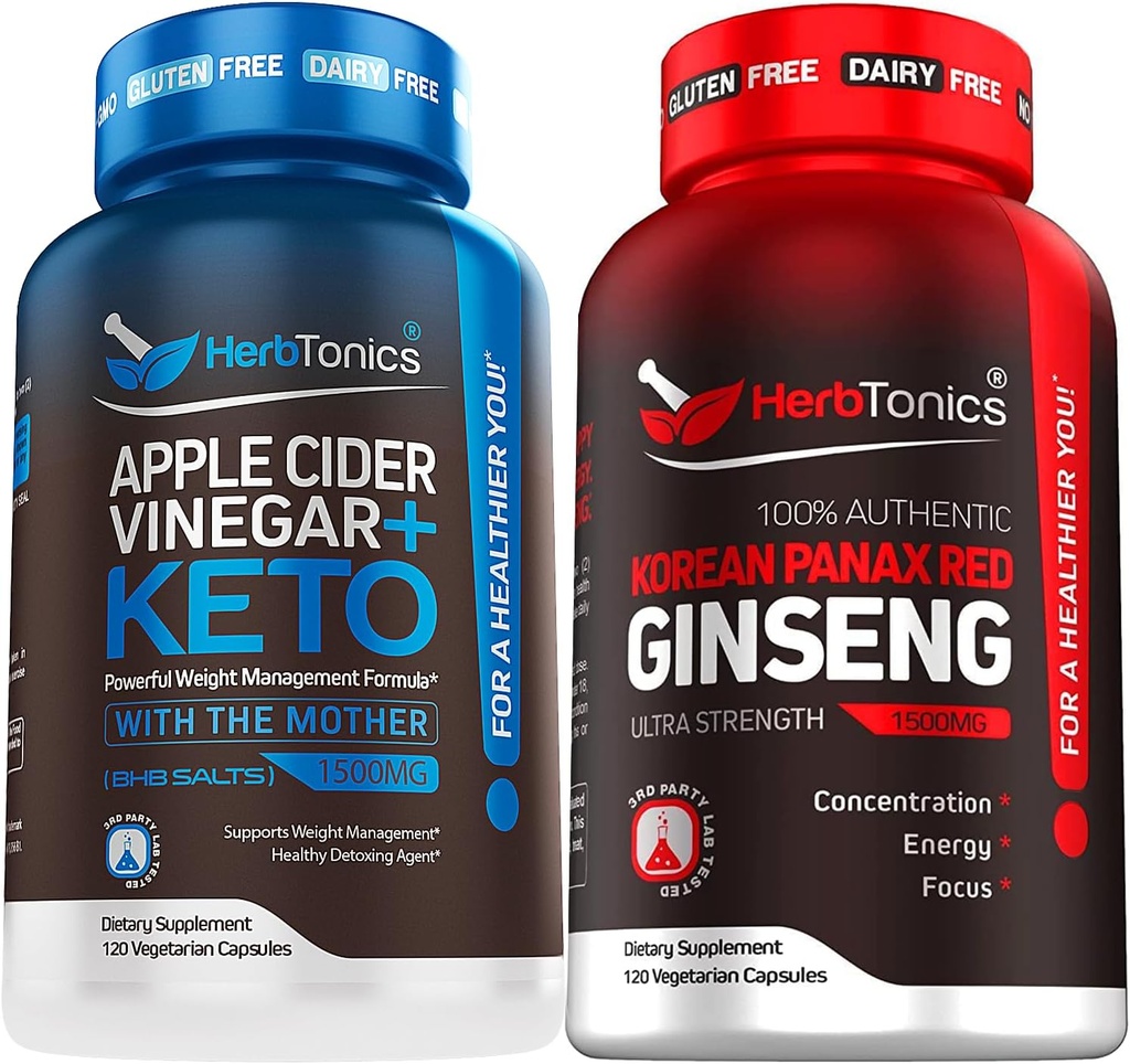 Herbtonics Apple Cider Vinegar Capsules Plus Keto BHB | Fat Burner & Kilo Kayıp Tamam for Women & Men - High Strength Bentley Korean Red Panax Extract - Performance Support for Men & Women