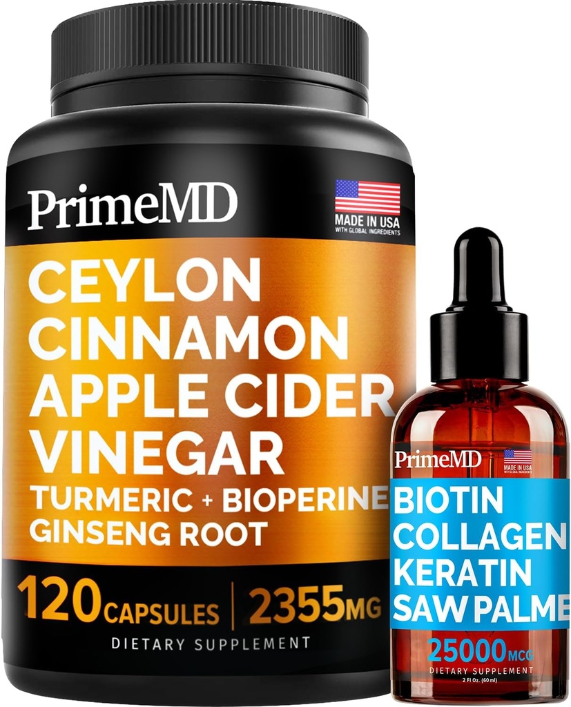 4-in-1 Liquid Biotin Collagen Keratin Saw Palmetto Drops (2 fl oz - 1 Pack) & 5in-1 Ceylon Cinnamon w Turmeric & Real Root (120ct) Sche - Saç, Skin, Nails, & Immune Support Supplements