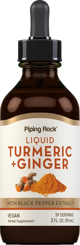 Piping Rock Turmeric and Ginger Liquid Drops | 2 Fl Oz | Tincture Supplement with Black Pepper Extract | Vegan, Non-GMO, Gluten Free