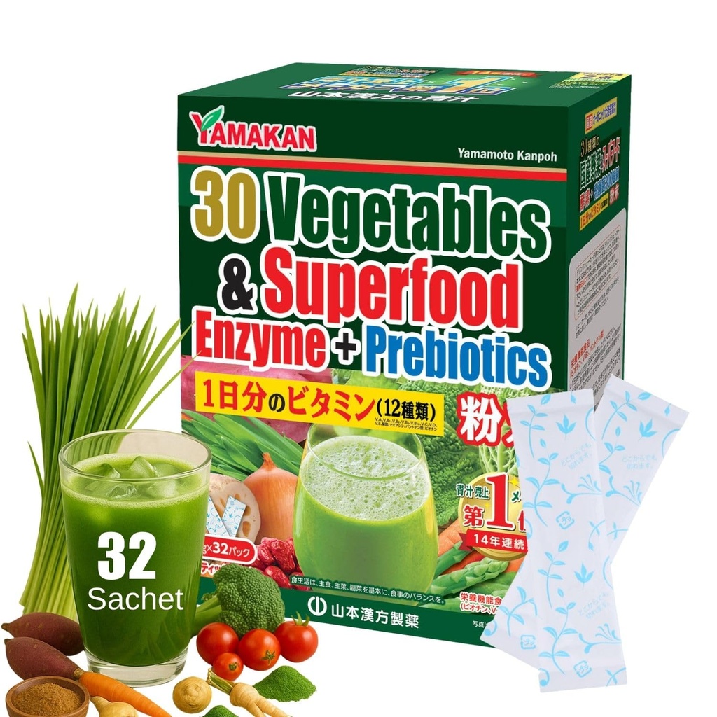 Yamamoto Kanpoh YAMAKAN Φυσικό Digestive Ένζυμα με Prebiotic Powder, 12 Μικτές Βιταμίνες & Super Greens Powder Blend, Burley Grass Juice Superfood για Gut Health από την Ιαπωνία, 32 Πακέτα